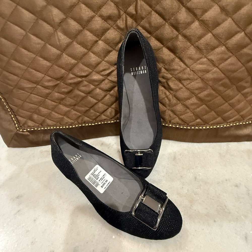 Stuart Weitzman Proper Goosebump Bow Women's Black Wedge Pumps Size 9